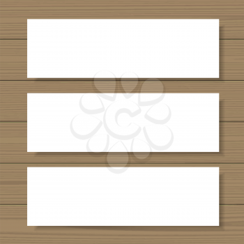 Blank banners mock up set on wooden background. Web, printable presentation, corporate identity template. Add your own background, text, logo, or any other design. Vector illustration.