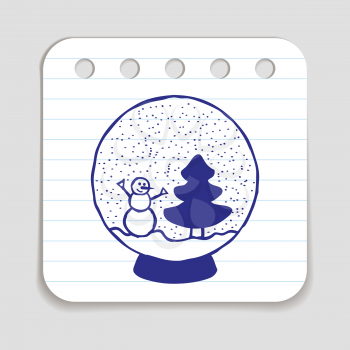 Doodle icon of Snow Ball with Christmas Tree and Snow Man. Blue pen hand drawn infographic symbol on a notepaper piece. Line art style graphic design element. Web button with shadow. Vector illustrati