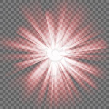 Red glowing light. Bright shining star. Bursting explosion. Transparent background. Rays of light. Glaring effect with transparency. Abstract glowing light background. Vector illustration.