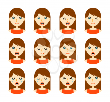 Woman emotions. Beautiful girl with brown hair. Facial expression icons set. Isolated on whote background. Set of woman avatars. Vector illustration.