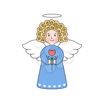 Doodle angel with a heart. Cute girl with wings. Romantic greeting card. Grapphic design element for wedding and baby shower invitation, Valentines Day card. Cartoon angel with flower.