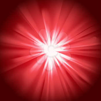 Red glowing light. Bright shining star. Bursting explosion. Transparent graphic design element. Colorful gradient rays. Glaring effect with transparency. Abstract glowing sparkle. Vector illustration