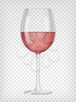 Realistic transparent wine glass filled with rose wine. Graphic design elements for advertisement, flyer, poster, web site, restaurant menu, scrapbooking. Vector illustration.