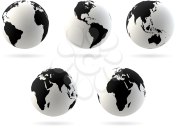 Set of Earth globe icon in different views. Highly detailed symbol. North and South America, China, India, Australia, Pacific oceans, Africa. Black on white background. Vector illustration