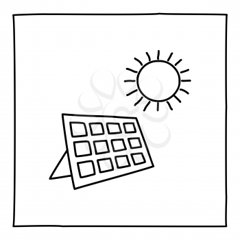 Doodle solar panel icon or logo, hand drawn with thin black line. Isolated on white background. Vector illustration