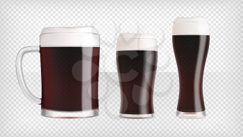 Three different dark beer glasses and mugs, with foam and bubbles, and use of transparency. Realistic vector illustration.