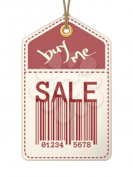 Vintage sale tag with stitches. Isolated retro design with typography elements. Buy Me concept promotion label.