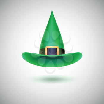 Green witch hat with black strip for Halloween, isolated on white background.