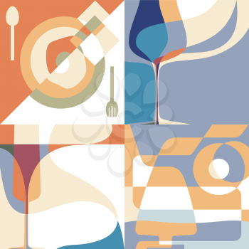 Set of backgrounds for the menu. Silhouettes of glasses and a plate with abstract shapes.