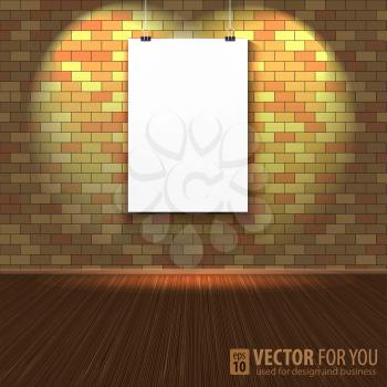 Brick wall with a blank page and lighting, wood floors, vector illustration