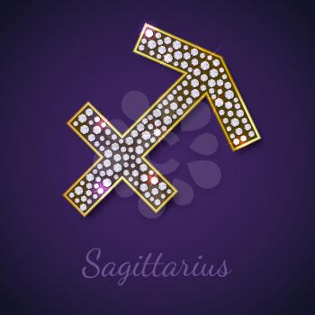 Golden Sagittarius zodiac signs with diamonds, editable vector illustration