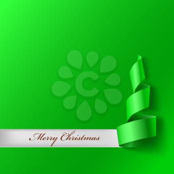 Christmas tree from ribbon. Green curved ribbon, on green background. Vector illustration for your design. New year and xmass background