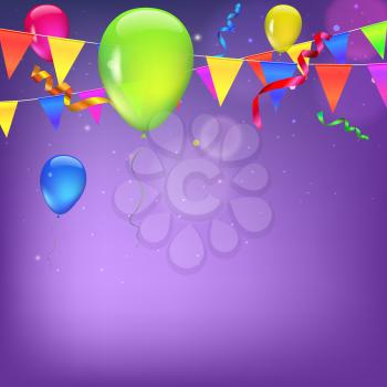 Background with flags, garlands, streamers and balloons for your presentation. Greeting card with bokeh effect on background. Colored flags, pennants, streamers and balloons with glow and bokeh effect