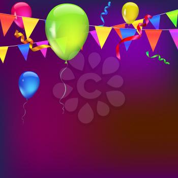 Background with flags, garlands, streamers and balloons for your presentation. Greeting card with bokeh effect on background. Colored flags, pennants, streamers and transparent colored balloons