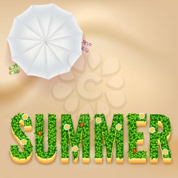 Summer postcard. The inscription Summer with green grass and flowers. Sandy beach with white umbrella and slippers. Background for presentation, booklet, brochure or catalog