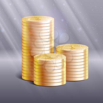 Stacks of gold coins, vector illustration. Details and realistic 3d stacks of coins with ray of lights, sparkles, reflections and shadows