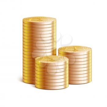 Stacks of gold coins, vector illustration. Details and realistic 3d stacks of coins with reflections and shadows