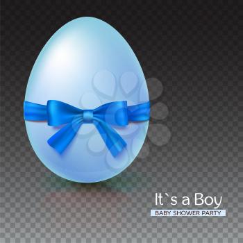 It s a boy baby shower concept with blue ribbon bow and egg. Vector illustration. Party invitation template on transparent background.