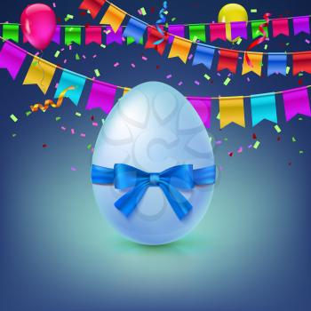 It s a boy baby shower concept with blue ribbon bow and egg. Vector illustration. Party invitation template with carnival flag garlands, confetti, streamers and tinsel.