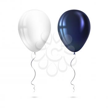 Inflatable air flying balloons isolated on white background. Close-up look at black and white balloons with reflects. Realistic 3D vector illustration