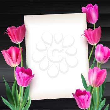 Greeting card with tulips around the sheet of paper with text on background from dark wooden plank. Realistic flowers tulips with petals and leaves, festive composition. Template for your creativity.