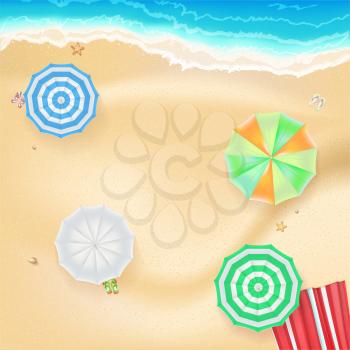 Summer background, banner with seashore, colored sun umbrellas, golden sands and beach Mat. Template, mock-up for online shopping, advertising actions, magazines and other.