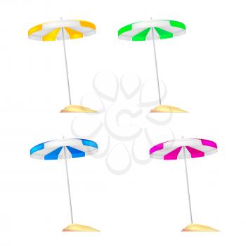 A set of colored beach umbrellas stuck in a small mound of Golden sand. Realistic colored umbrellas with reflections and shadows isolated on white background. 3D illustration