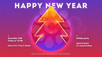 Happy new year. Holidays poster with Christmas tree from pattern of colored triangles. Modern invitation on New year event