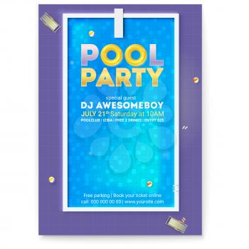 Party in swimming pool. Poster with advertising message and text design. Top view on pool with blue water, deck chairs, inflatable balls, circles and board for jumping into water. Vector template