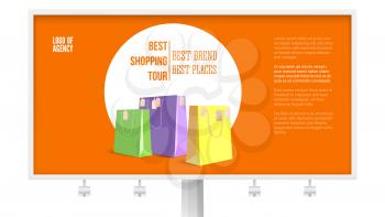 Billboard with ad of shopping tour isolated on white, background, 3D illustration. Banner with text design best brands best places. Discount action and marketing events