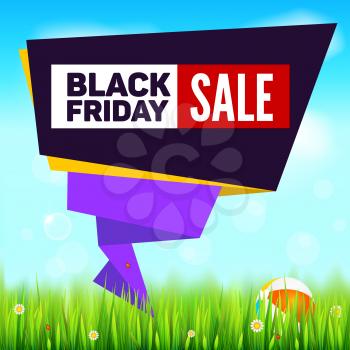 Black Friday summer sale background, cut paper art style for ad banner. Grass, daisy flowers, ladybugs in grass on backdrop from sky with clouds. Origami paper speech bubble for ad of sales.