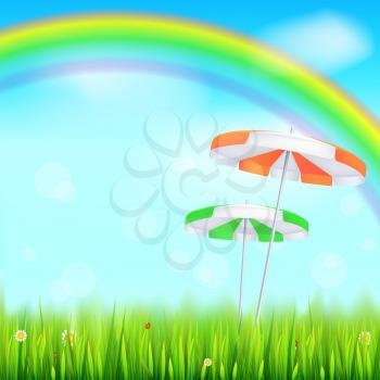 Summer background. Big bright rainbow above green field. Juicy grass, daisy flowers, ladybugs in grass on backdrop from blue sky with clouds. Landscape for banner or ad poster with Solar umbrella.