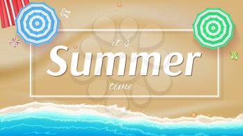 Summer background, banner with seashore, sun umbrellas, golden sands and beach Mat. Big inscription Summer into the white frame with shadow