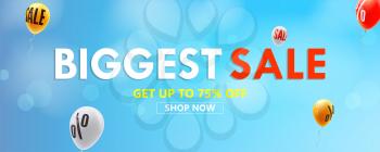 Biggest sale, shop now. Get up to seventy five percent discount. Banner with advertising. Balloons are flying in blue sky with sign of price reduction. Vector template 3d illustration.