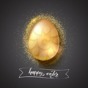 Golden egg for celebration of happy Easter on glittering golden dust background. Hand-drawn text happy easter on vintage banner, brush strokes style. Vector 3d illustration for holiday greetings.