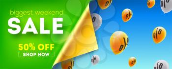 Biggest weekend sale. Creative banner with curved gold corner and flying up balloons on background of blue sky. Huge discounts to shopping now. Vector 3d illustration.