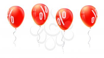 Red balloons with percent sign, symbol of discount isolated on white background. Set of sales icons for retail, shopping, markets. Balloons floating in the air. Template for poster, banner, leaflet.