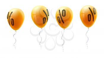 Yellow balloons with percent sign, symbol of discount isolated on white background. Set of sales icons for retail, shopping, markets. Balloons floating in the air. Template for promo actions.