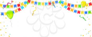 Vector banner with streamers, confetti and garlands of multi colored hanging flags. White background for birthday, carnival, celebration, anniversary and holiday party. Colorful explode of confetti