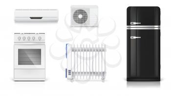 Home electrical appliances. Air conditioning, electric oil radiator, refrigerator with retro design, gas stove. Set icons of household appliances on white background. 3D illustration.