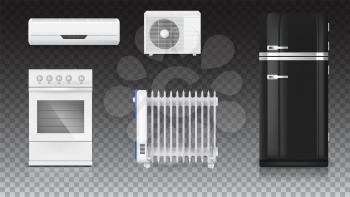 Air conditioning, electric oil radiator, refrigerator with retro design, gas stove. Home electrical appliances. Set icons of household appliances on transparent background. 3D illustration.
