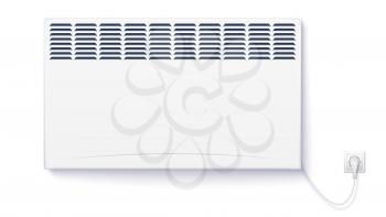 Domestic electric heater, home convector plugged the cord with plug to electricity. Electric panel of radiator appliance for space heating isolated on white wall. Horizontal template for design.