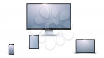 Icons of blank electronic devices with white screens isolated on white background. Desktop computer monitor,opened laptop, tablet and mobile smart phone.
