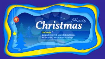 Merry Christmas party poster with lettering and a winter landscape. Realistic multi layers, carving of paper. 3D Illustration for greeting card or banner. Layered cut out shapes with shadow
