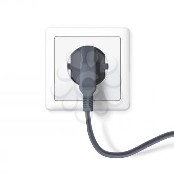 The black plug is plugged into the power lines. Plug inserted in a white wall socket. Icon of device for connecting electrical equipment. 3D illustration isolated on white background.
