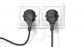 Electric plugs and socket. Realistic black plugs inserted in white electrical outlet, isolated on white background. Icon of device for connecting electrical appliances. Vector 3D illustration.