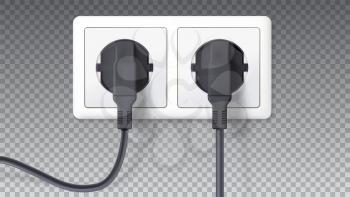 Electric plugs and socket. Realistic black plugs inserted in white electrical outlet, isolated on transparent. Vector 3D illustration, icon of device for connecting electrical appliances