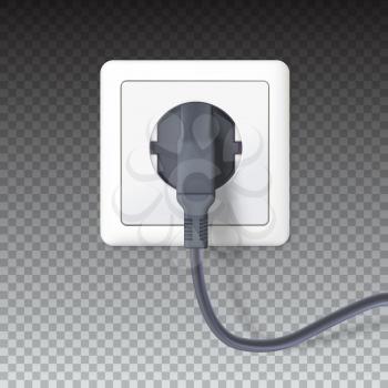 Realistic black plugs inserted in electrical outlet, isolated on transparent background. Electric plugs and socket. 3D illustration. Icon of device, connecting electrical appliances, equipment