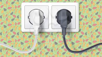 Realistic black and white plugs inserted in electrical outlet on backdrop of wall with wallpaper with leaves. Icon of device for connecting electrical appliances. 3D illustration.