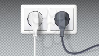 Realistic black and white plugs inserted in electrical outlet, isolated on transparent. Icon of device for connecting electrical appliances, equipment. Electric plugs in socket. 3D illustration.